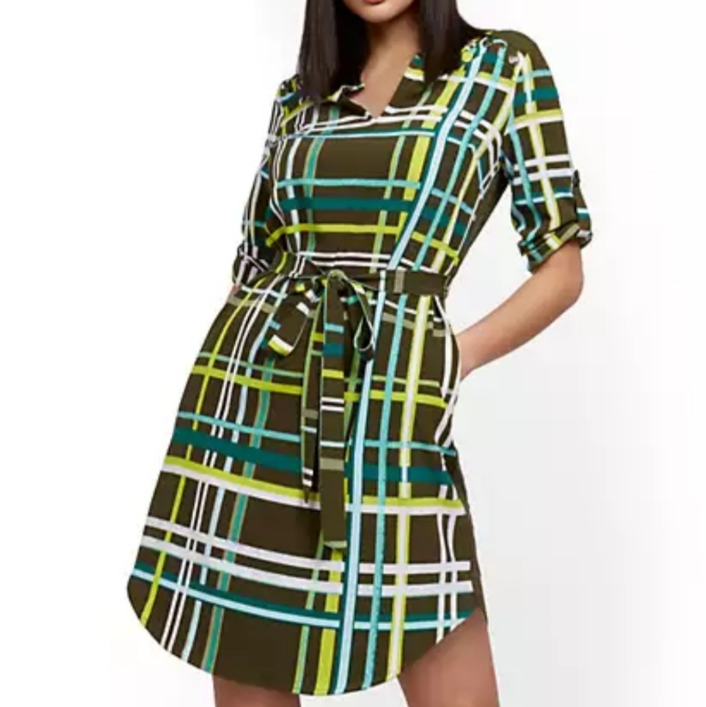New, Plaid Button-Accent Shirtdress, NY&C, X-Large